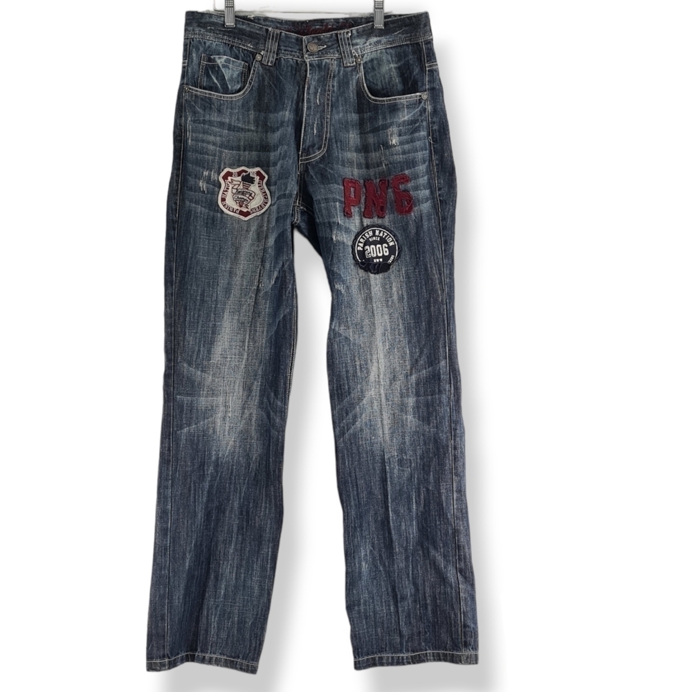 Parish Nation Champions Distressed Jeans Patches Cotton Button Fly Men’s 34x32
